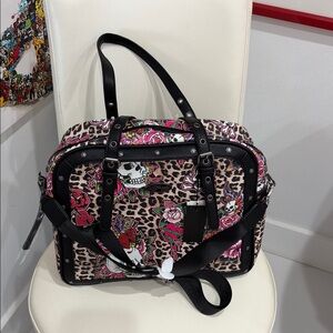Ed Hardy Pink/Black/White Animal Print Tatoo Art Satchel Crossbody Bag
